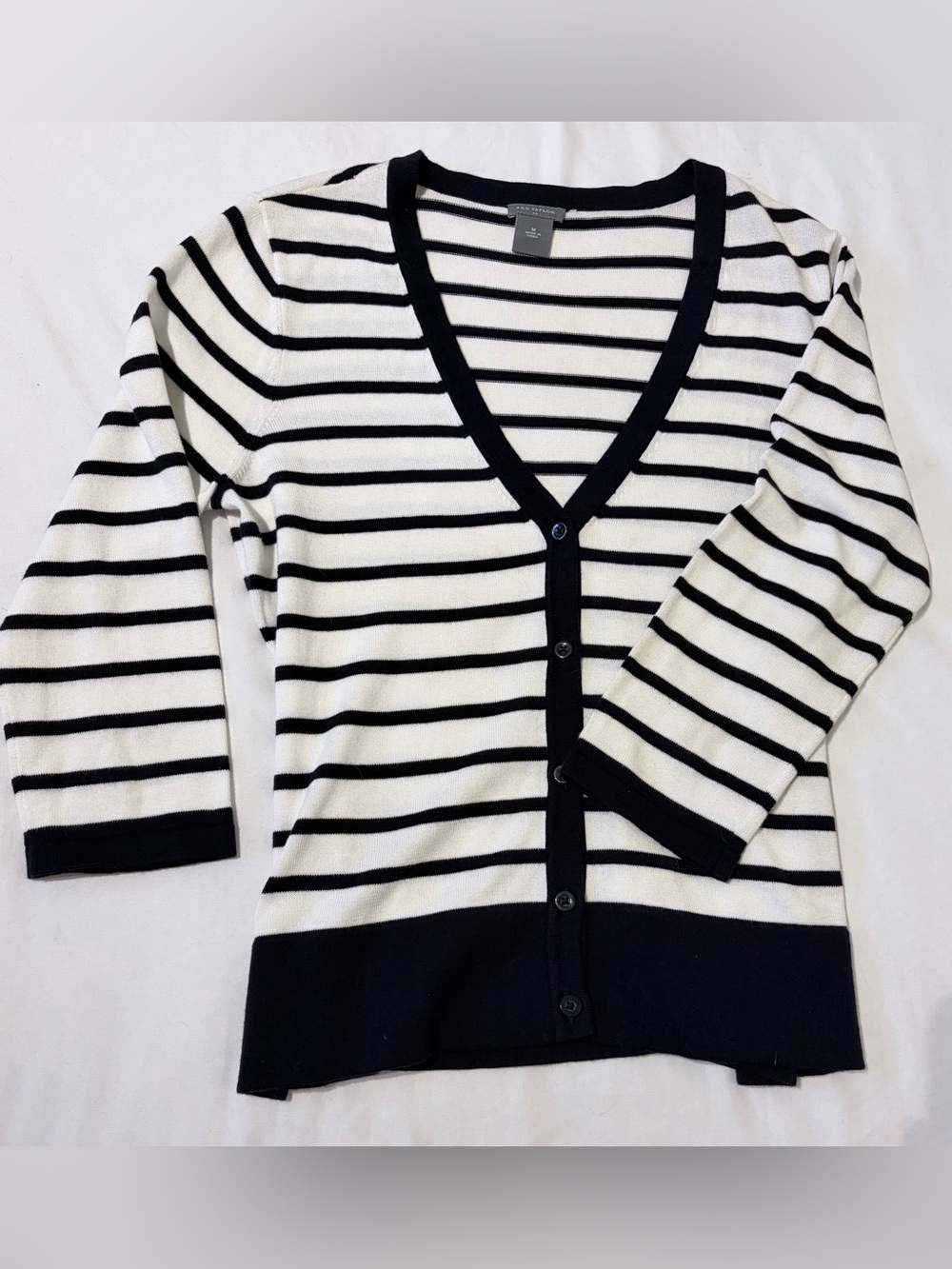 Ann Taylor Black & White Striped V-Neck Button Cardigan